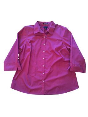 Lands End Womens 18W Bright Pink Wrinkle-Free Button-Down 3/4 Sleeve Shirt